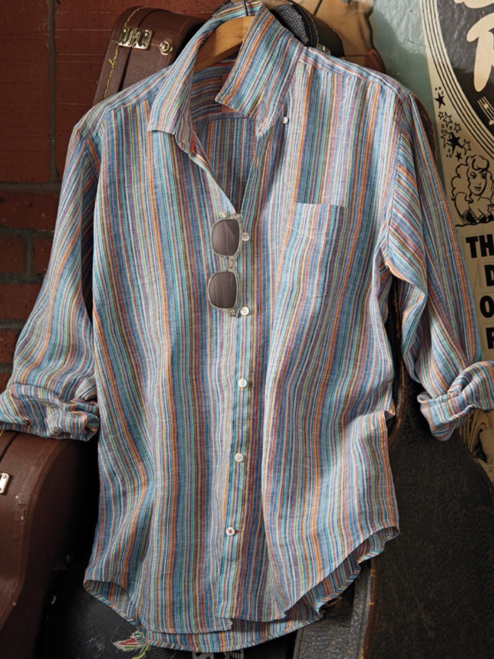 32 Bar Blues 100% Linen Stripe Mens Shirt Muted Colorful Leisure Vacation Summer